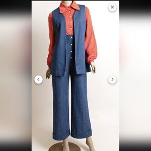 Vintage 70s Jumpsuit Pinstriped Blue Pants and Red Polka Dot Blouse